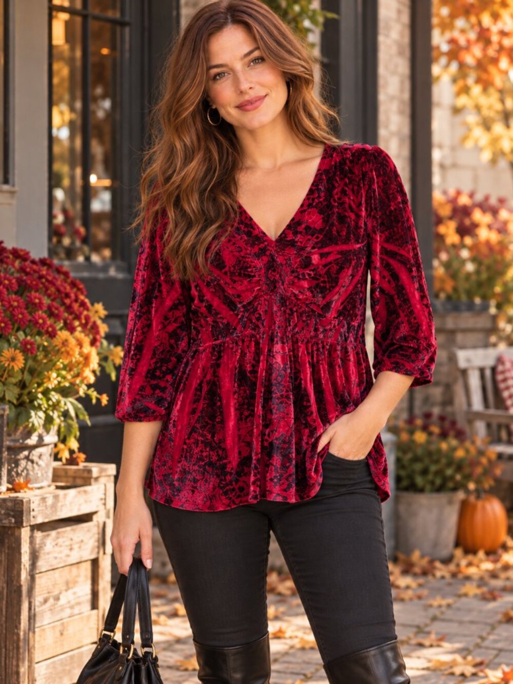 Apt. 9 Red Black Crushed Velvet Babydoll Blouse XL Y2K Whimsigoth